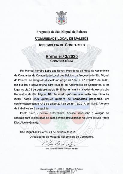 Comunidade Local dos Baldios da Freguesia de S&atilde;o Miguel de Poiares | Editais &ndash; Convocat&oacute;rias para reuni&atilde;o de Assembleia de Compartes de 31/10
