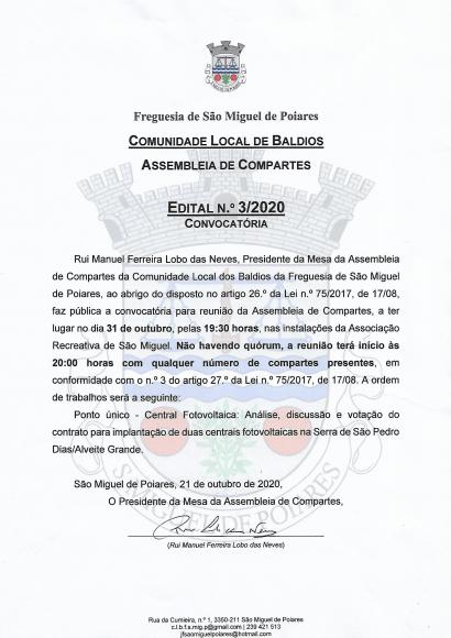 Comunidade Local dos Baldios da Freguesia de S&atilde;o Miguel de Poiares | Editais &ndash; Convocat&oacute;rias para reuni&atilde;o de Assembleia de Compartes de 31/10