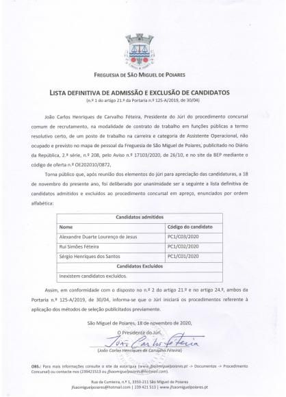 Procedimento Concursal Comum para recrutamento de Assistente Operacional | Lista de admiss&atilde;o e exclus&atilde;o de candidatos