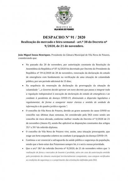 Despacho n.&ordm; 91/2020 (CMP) &ndash; Realiza&ccedil;&atilde;o do Mercado e Feira Semanal &ndash; art. 38.&ordm; do Decreto n.&ordm; 9/2020, de 21/11