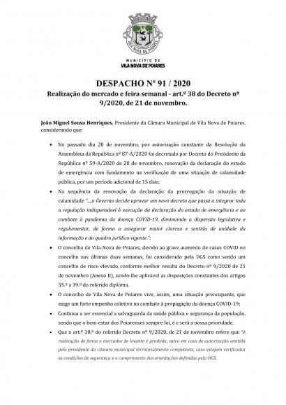 Despacho n.&ordm; 91/2020 (CMP) &ndash; Realiza&ccedil;&atilde;o do Mercado e Feira Semanal &ndash; art. 38.&ordm; do Decreto n.&ordm; 9/2020, de 21/11