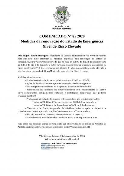 Comunicado n.&ordm; 8/2020 (CMP) | Medidas da renova&ccedil;&atilde;o do Estado de Emerg&ecirc;ncia &ndash; N&iacute;vel de Risco Elevado