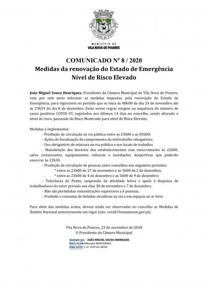 Comunicado n.&ordm; 8/2020 (CMP) | Medidas da renova&ccedil;&atilde;o do Estado de Emerg&ecirc;ncia &ndash; N&iacute;vel de Risco Elevado