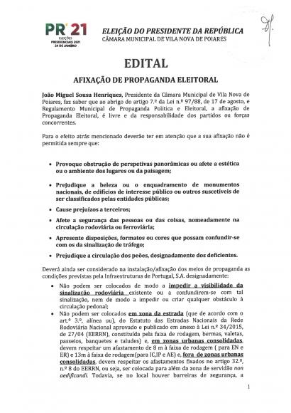 Presidenciais 2021 | Edital sobre a afixa&ccedil;&atilde;o de propaganda eleitoral (CMP)