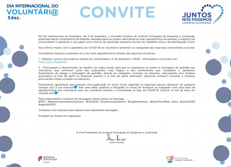 IPDJ &ndash; Convite | Dia Internacional do Volunt&aacute;rio | Webinar &ldquo;Juntos N&oacute;s Podemos Atrav&eacute;s do Voluntariado&rdquo; | Dia 05/12