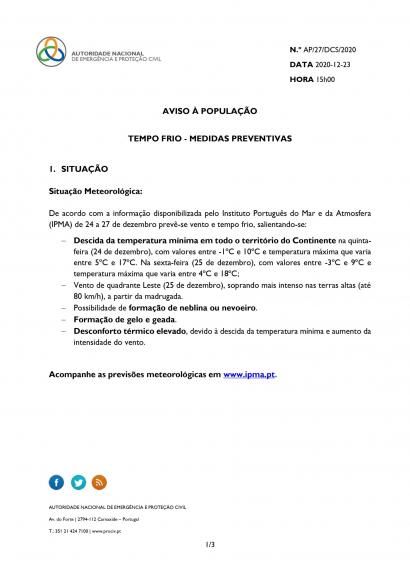 ANEPC | Aviso &agrave; popula&ccedil;&atilde;o &ndash; Tempo frio &ndash; Medidas preventivas