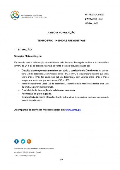ANEPC | Aviso &agrave; popula&ccedil;&atilde;o &ndash; Tempo frio &ndash; Medidas preventivas