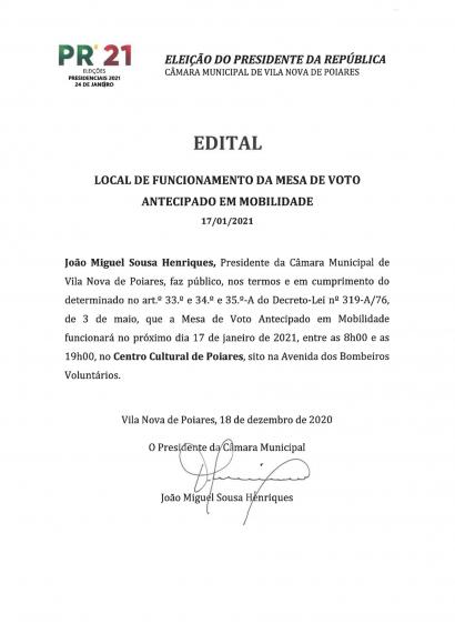 Presidenciais 2021 | Edital Local de Funcionamento da Mesa de Voto Antecipado em Mobilidade