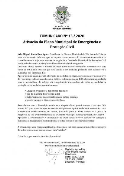 Comunicado n.&ordm; 13/2020 (CMP) | Ativa&ccedil;&atilde;o do Plano Municipal de Emerg&ecirc;ncia e Prote&ccedil;&atilde;o Civil