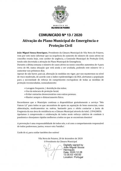 Comunicado n.&ordm; 13/2020 (CMP) | Ativa&ccedil;&atilde;o do Plano Municipal de Emerg&ecirc;ncia e Prote&ccedil;&atilde;o Civil