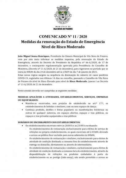 Comunicado n.&ordm; 11/2020 (CMP) | Medidas da renova&ccedil;&atilde;o do Estado de Emerg&ecirc;ncia N&iacute;vel de Risco Moderado