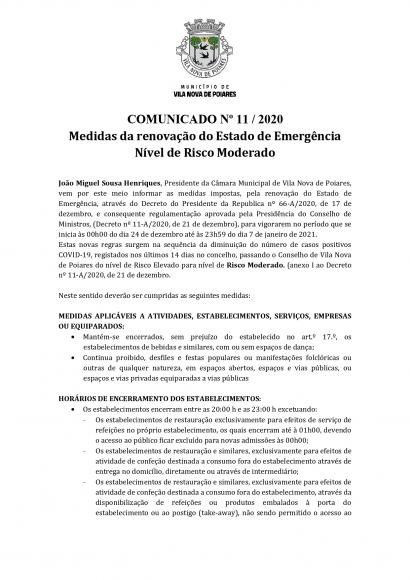 Comunicado n.&ordm; 11/2020 (CMP) | Medidas da renova&ccedil;&atilde;o do Estado de Emerg&ecirc;ncia N&iacute;vel de Risco Moderado