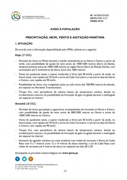 ANEPC | Aviso &agrave; popula&ccedil;&atilde;o &ndash; Precipita&ccedil;&atilde;o, neve, vento e agita&ccedil;&atilde;o mar&iacute;tima