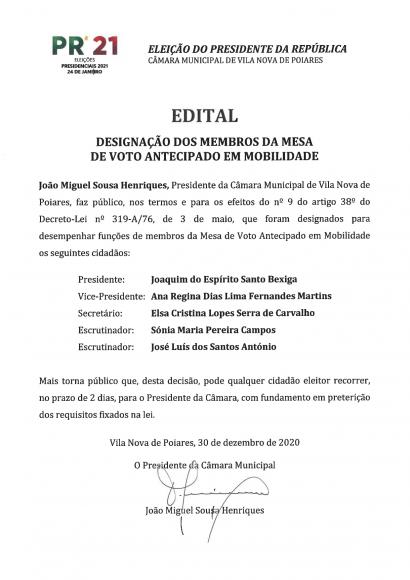 Presidenciais 2021 | Edital Designa&ccedil;&atilde;o dos Membros da Mesa de Voto Antecipado em Mobilidade