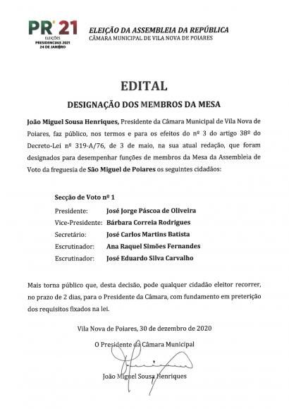 Presidenciais 2021 | Edital Designa&ccedil;&atilde;o dos Membros da Mesa