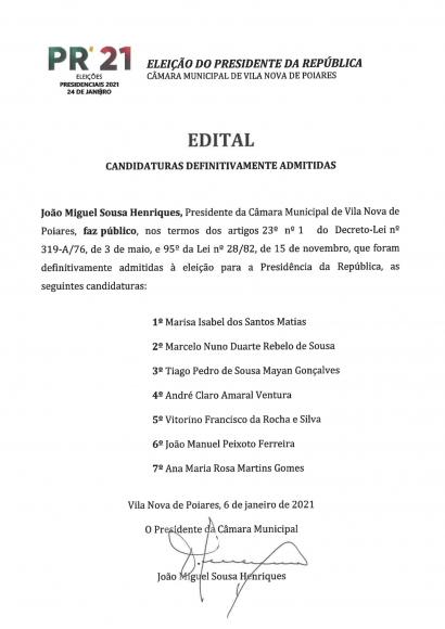 Presidenciais 2021 | Candidaturas Definitivamente Admitidas