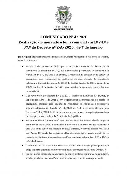 Comunicado n.&ordm; 4/2021 (CMP) &ndash; Realiza&ccedil;&atilde;o do Mercado e Feira Semanal