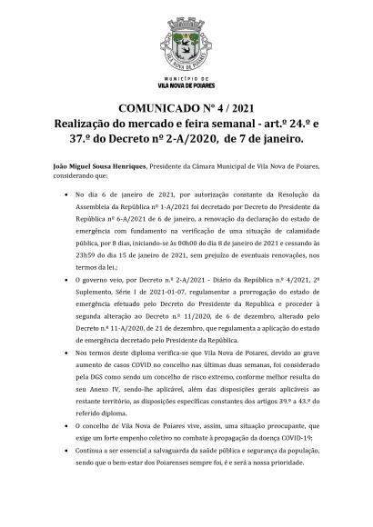 Comunicado n.&ordm; 4/2021 (CMP) &ndash; Realiza&ccedil;&atilde;o do Mercado e Feira Semanal