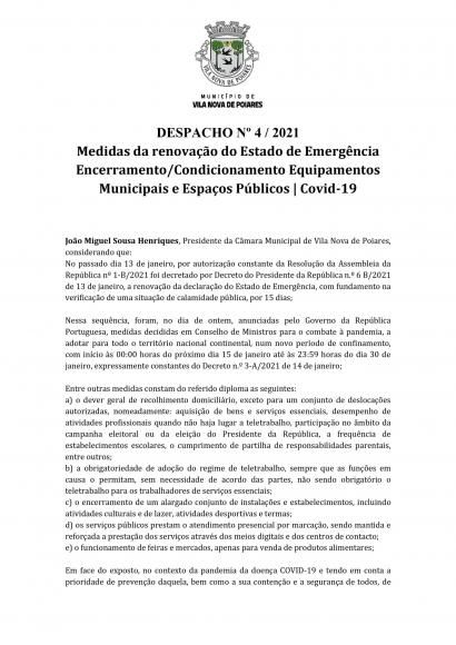Despacho n.&ordm; 4/2021 (CMP) | Medidas da renova&ccedil;&atilde;o do Estado de Emerg&ecirc;ncia