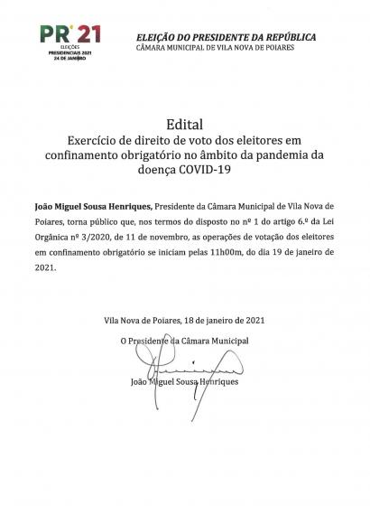 Presidenciais 2021 | Edital sobre exerc&iacute;cio do direito de voto dos eleitores em confinamento obrigat&oacute;rio