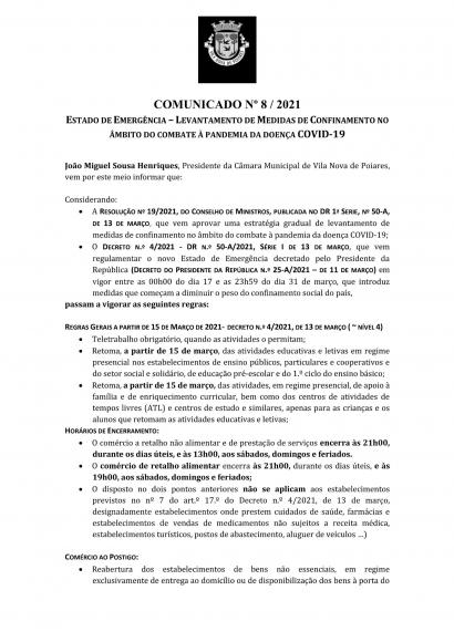 Comunicado n.&ordm; 8/2021 (CMP) | Estado de Emerg&ecirc;ncia &ndash; Levantamento de medidas de confinamento no &acirc;mbito do combate &agrave; pandemia