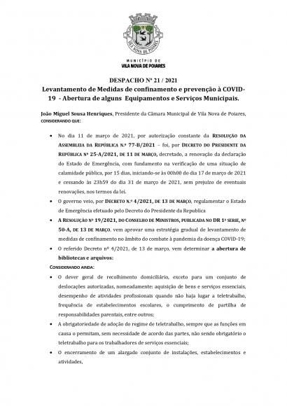 Despacho n.&ordm; 21/2021 (CMP) | Levantamento de medidas de confinamento e preven&ccedil;&atilde;o &agrave; covid-19 &ndash; Abertura de alguns Equipamentos e Servi&ccedil;os Municipais