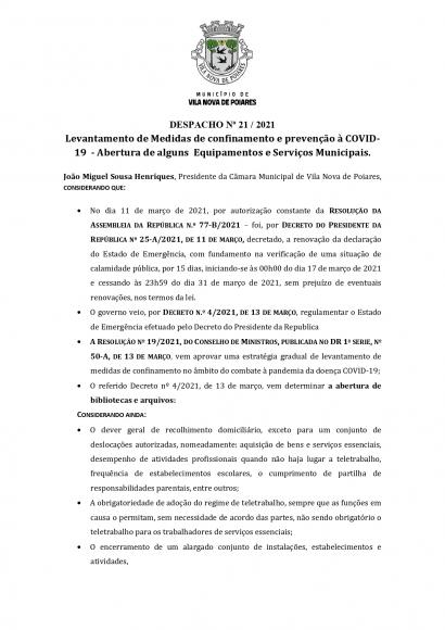 Despacho n.&ordm; 21/2021 (CMP) | Levantamento de medidas de confinamento e preven&ccedil;&atilde;o &agrave; covid-19 &ndash; Abertura de alguns Equipamentos e Servi&ccedil;os Municipais