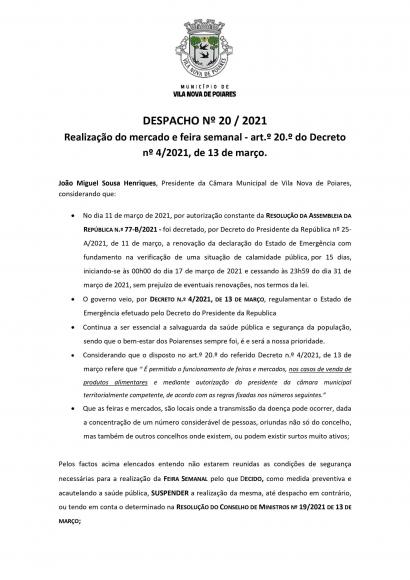 Despacho n.&ordm; 20/2021 (CMP) | Realiza&ccedil;&atilde;o do mercado e feira semanal