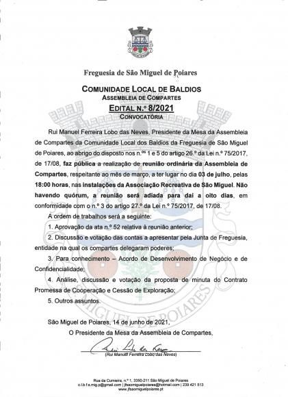 Comunidade Local dos Baldios da Freguesia | Edital n.&ordm; 8/2021- Reuni&atilde;o de Assembleia de Compartes