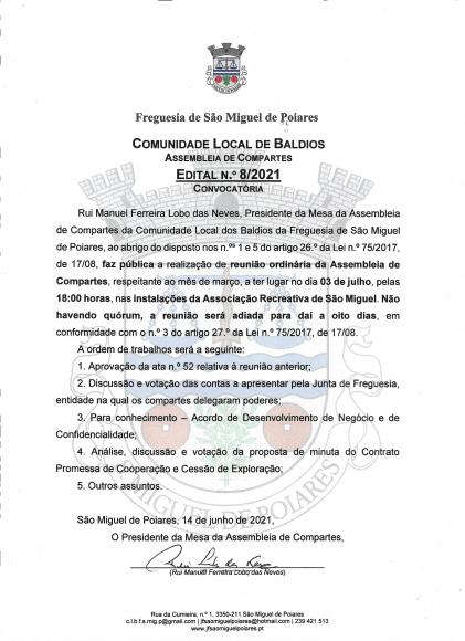 Comunidade Local dos Baldios da Freguesia | Edital n.&ordm; 8/2021- Reuni&atilde;o de Assembleia de Compartes