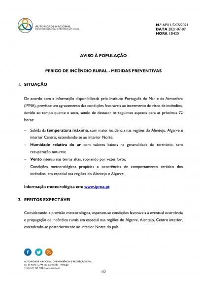 Aviso &agrave; popula&ccedil;&atilde;o de 09-07-2021| Perigo de Inc&ecirc;ndio Rural &ndash; Medidas Preventivas