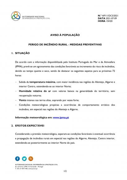 Aviso &agrave; popula&ccedil;&atilde;o de 09-07-2021| Perigo de Inc&ecirc;ndio Rural &ndash; Medidas Preventivas
