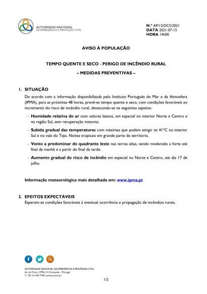 Aviso &agrave; popula&ccedil;&atilde;o de 15-07-2021 | Tempo quente e seco &ndash; Perigo de Inc&ecirc;ndio Rural
