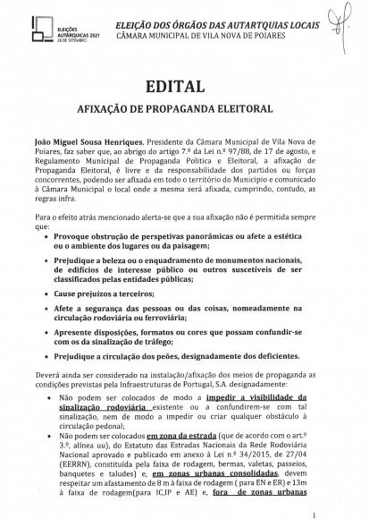 Elei&ccedil;&otilde;es aut&aacute;rquicas 2021 | Edital Afixa&ccedil;&atilde;o de propaganda eleitoral