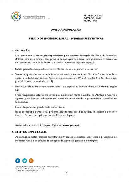 Aviso &agrave; popula&ccedil;&atilde;o de 11-08-2021 | Perigo de Inc&ecirc;ndio Rural