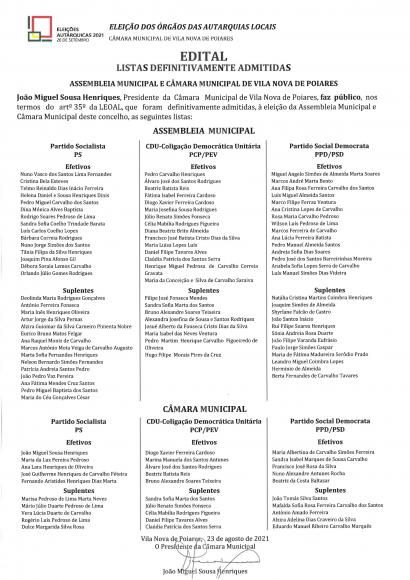 Elei&ccedil;&otilde;es Aut&aacute;rquicas 2021 | Edital Listas Definitivamente Admitidas &agrave; Assembleia Municipal e C&acirc;mara Municipal de Vila Nova de Poiares