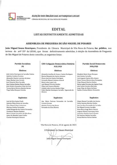 Elei&ccedil;&otilde;es Aut&aacute;rquicas 2021 | Edital Listas Definitivamente Admitidas &agrave; Assembleia de Freguesia de S&atilde;o Miguel de Poiares