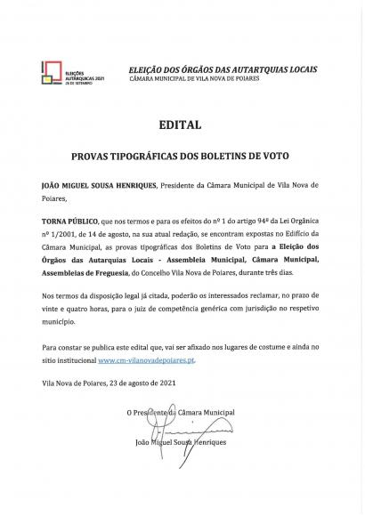 Elei&ccedil;&otilde;es Aut&aacute;rquicas 2021 | Edital Provas Tipogr&aacute;ficas dos Boletins de Voto