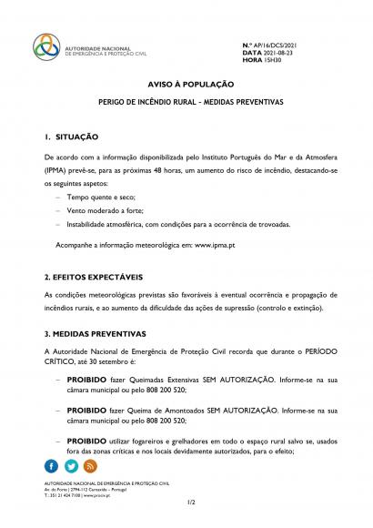 Aviso &agrave; popula&ccedil;&atilde;o de 23-08-2021 | Perigo de Inc&ecirc;ndio Rural