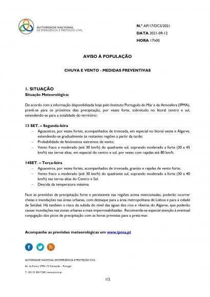 ANEPC | Avido &agrave; Popula&ccedil;&atilde;o de 12/09: Chuva e Vento &ndash; Medidas Preventivas