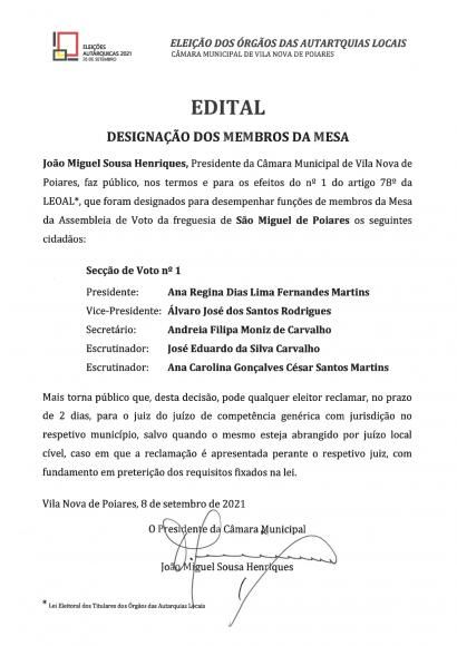 Elei&ccedil;&otilde;es Aut&aacute;rquicas 2021 | Designa&ccedil;&atilde;o dos Membros da Mesa da Assembleia de Voto da Freguesia de S&atilde;o Miguel de Poiares