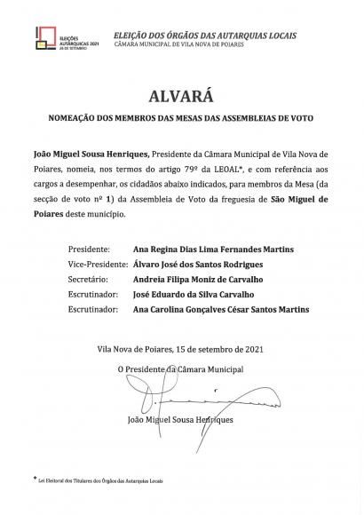 Elei&ccedil;&otilde;es Aut&aacute;rquicas 2021 | Nomea&ccedil;&atilde;o dos Membros das Mesas das Assembleias de Voto da Freguesia de S&atilde;o Miguel de Poiares
