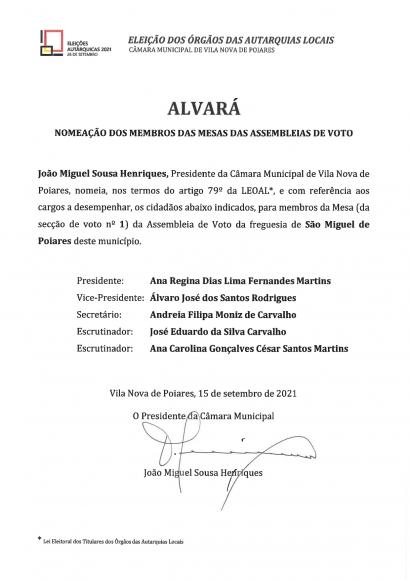 Elei&ccedil;&otilde;es Aut&aacute;rquicas 2021 | Nomea&ccedil;&atilde;o dos Membros das Mesas das Assembleias de Voto da Freguesia de S&atilde;o Miguel de Poiares
