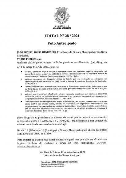 Elei&ccedil;&otilde;es Aut&aacute;rquicas 2021 | Edital n.&ordm; 28/2021 &ndash; Voto Antecipado