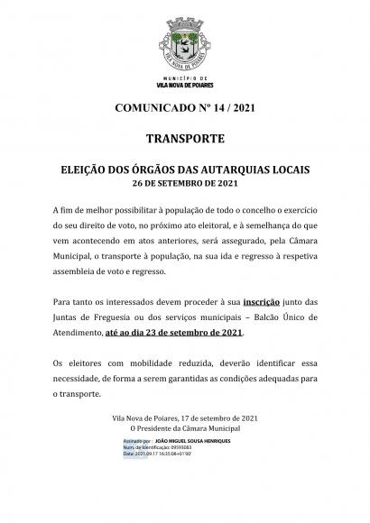 Elei&ccedil;&otilde;es aut&aacute;rquicas 2021 | Comunicado n.&ordm; 14/2021 &ndash; Inscri&ccedil;&atilde;o para transporte para o dia das elei&ccedil;&otilde;es at&eacute; dia 23/09