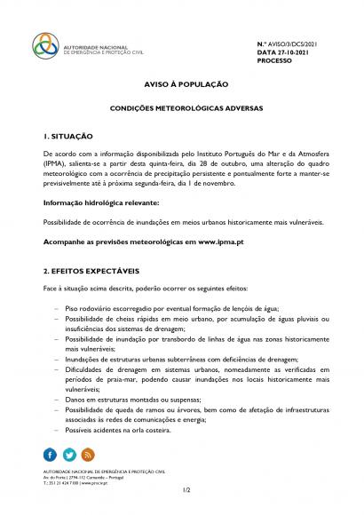 ANEPC | Aviso &agrave; Popula&ccedil;&atilde;o &ndash; Condi&ccedil;&otilde;es Meteorol&oacute;gicas Adversas