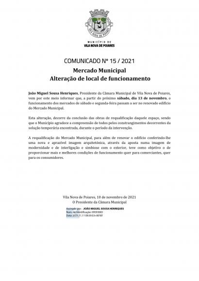 Comunicado n.&ordm; 15/2021 (CMP) | Altera&ccedil;&atilde;o de local de funcionamento do Mercado Municipal