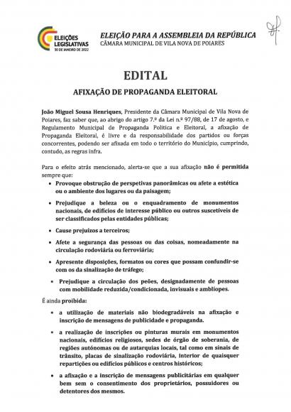 Elei&ccedil;&otilde;es Legislativas 2022 | Edital Afixa&ccedil;&atilde;o de Propaganda Eleitoral