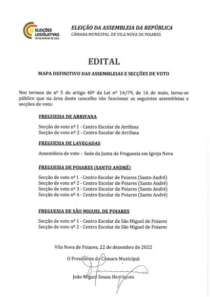 Elei&ccedil;&otilde;es Legislativas 2022 | Edital Mapa Definitivo das Assembleias e Sec&ccedil;&otilde;es de Voto