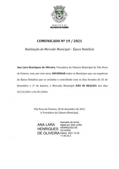 Comunicado n.&ordm; 19/2021 | Realiza&ccedil;&atilde;o do Mercado Municipal &ndash; &Eacute;poca Natal&iacute;cia